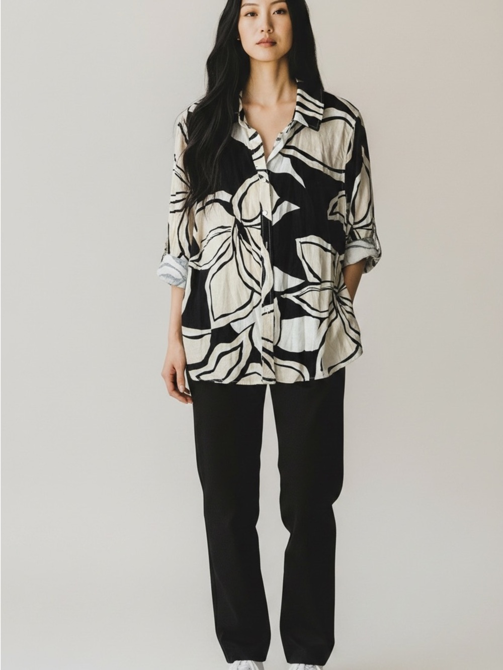 Rachel Zoe Black and White Floral Linen Blend Button-Down Shirt Size 1X